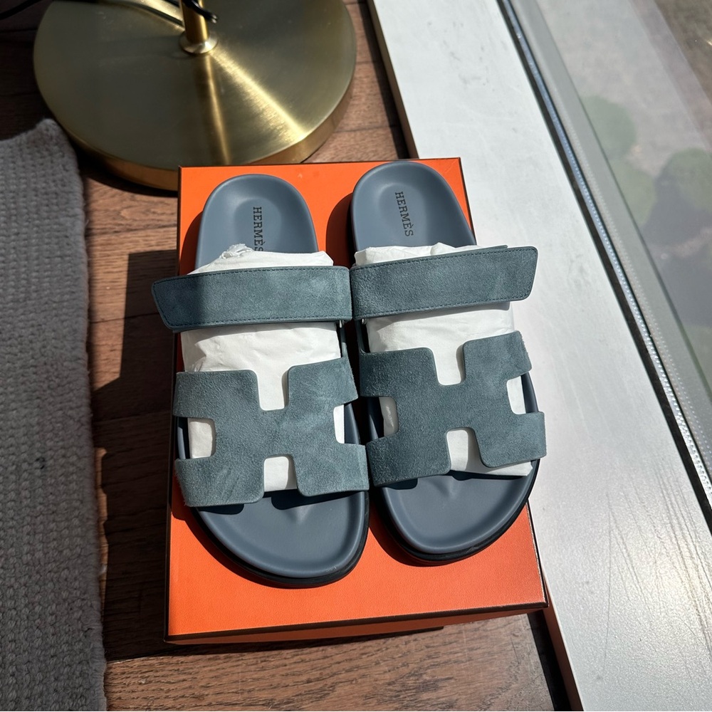 Authentic Hermes Chypre Sandal Bleu Tonnerre With Box + dustbags 38.5 $1125 +tax